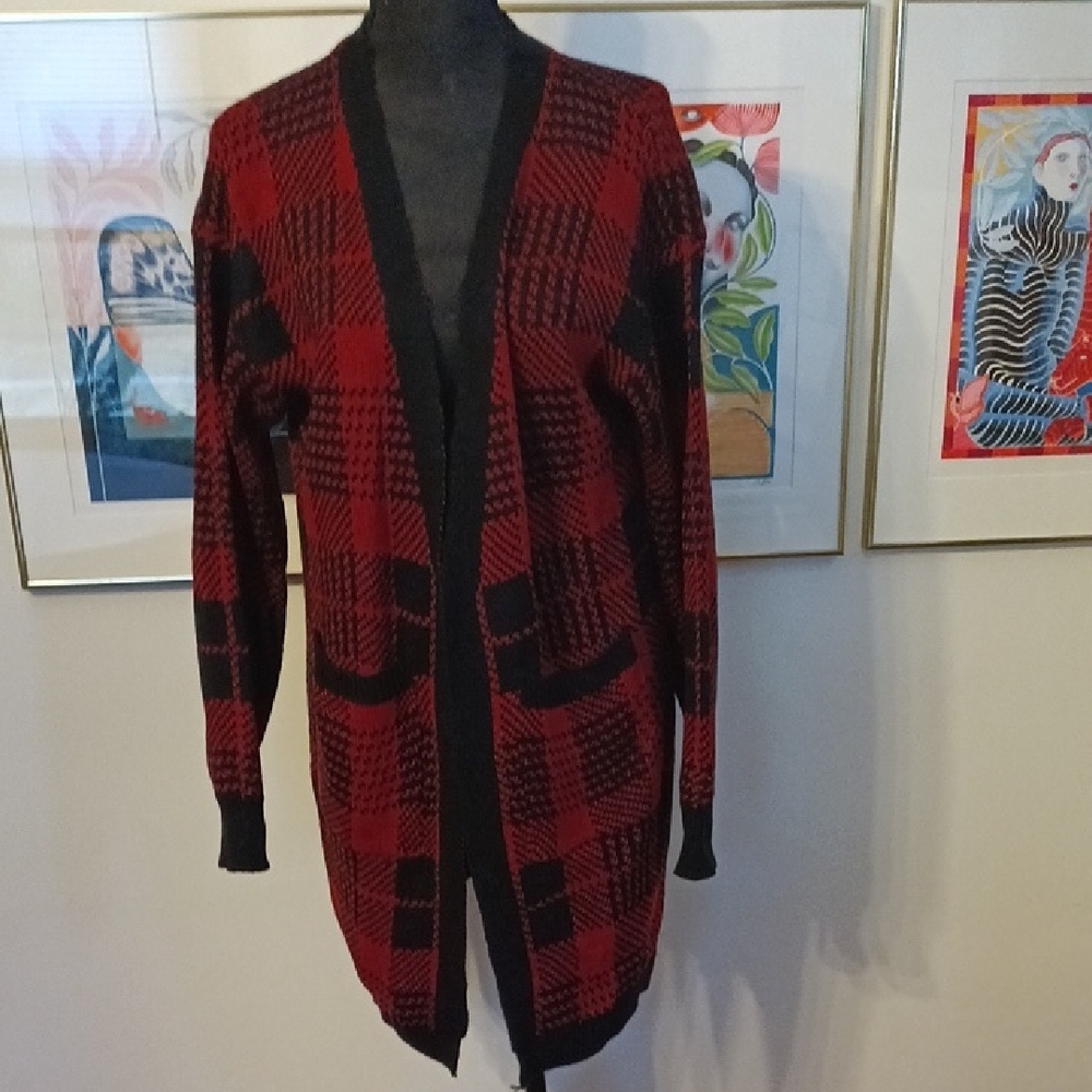 Chic Plaid Open Front Cardigan - Red and Black